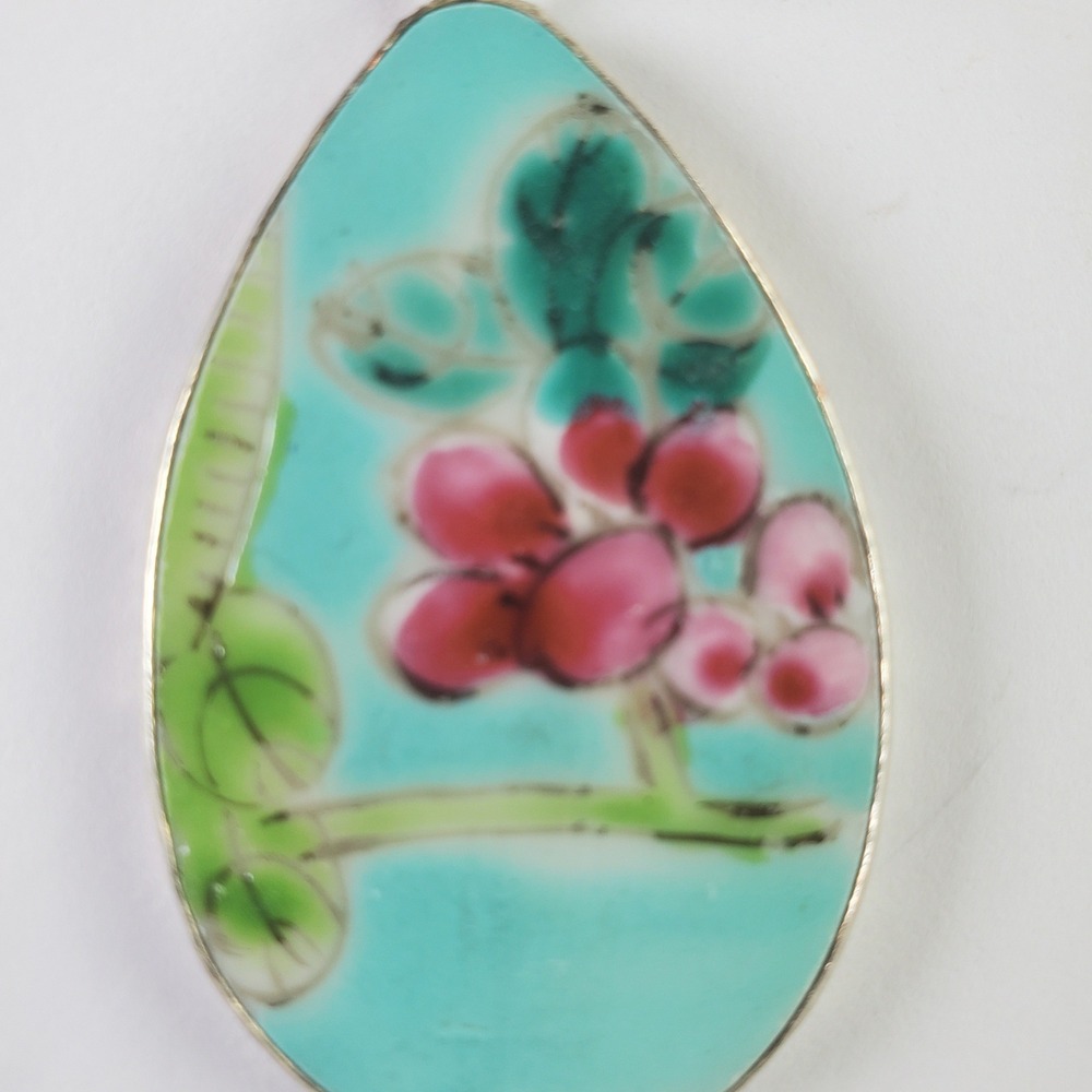 Vintage Turquoise Cloisonne Enamel Floral Teardrop Pottery Shard Pendant Focal‎ - Picture 2 of 10